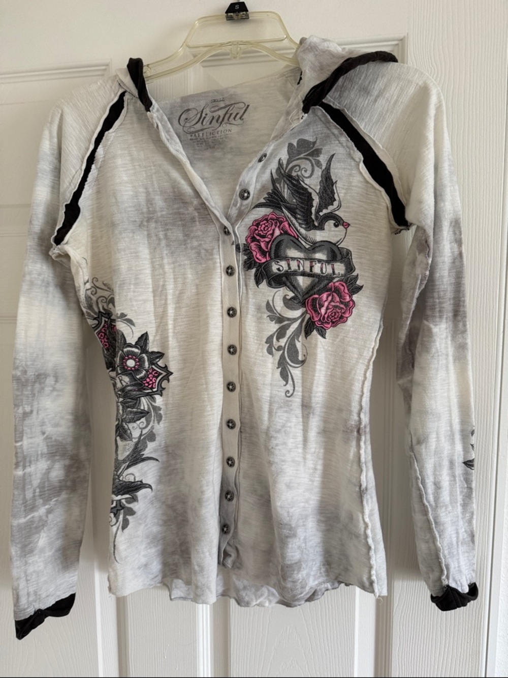 Sinful White and Gray Hooded Button-Front Top with Pink Rose Motif